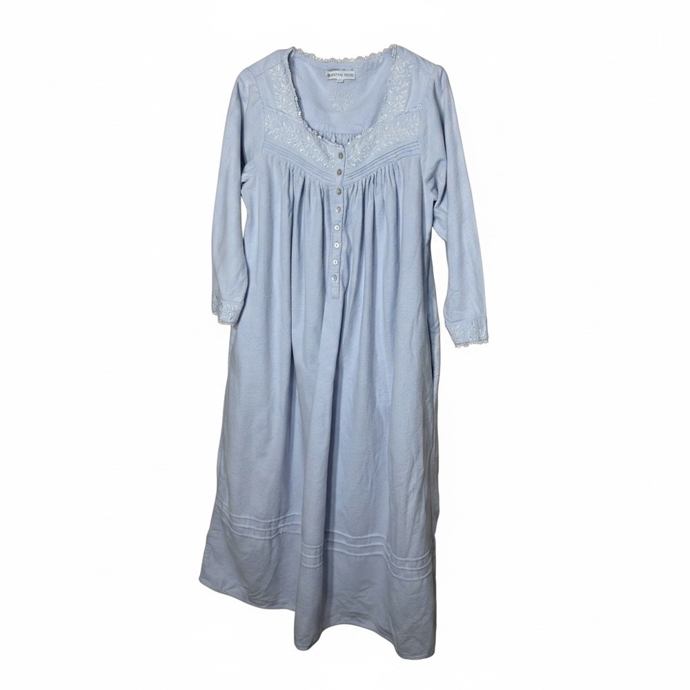 Eileen West Blue Cotton Flannel Embroidered Long Sleeve Nightgown Womens Small
